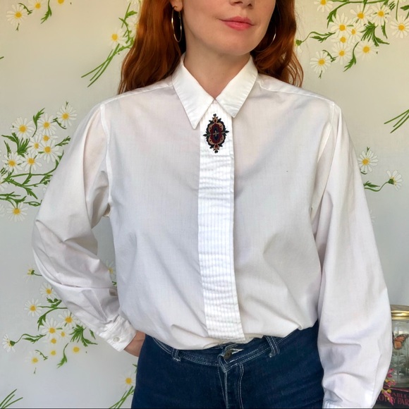 Tops - Vintage Button Up Shirt with Embroidered Lapel